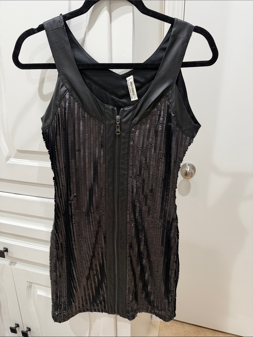 Free People Black Leather and Sequin Zip-Front Dress